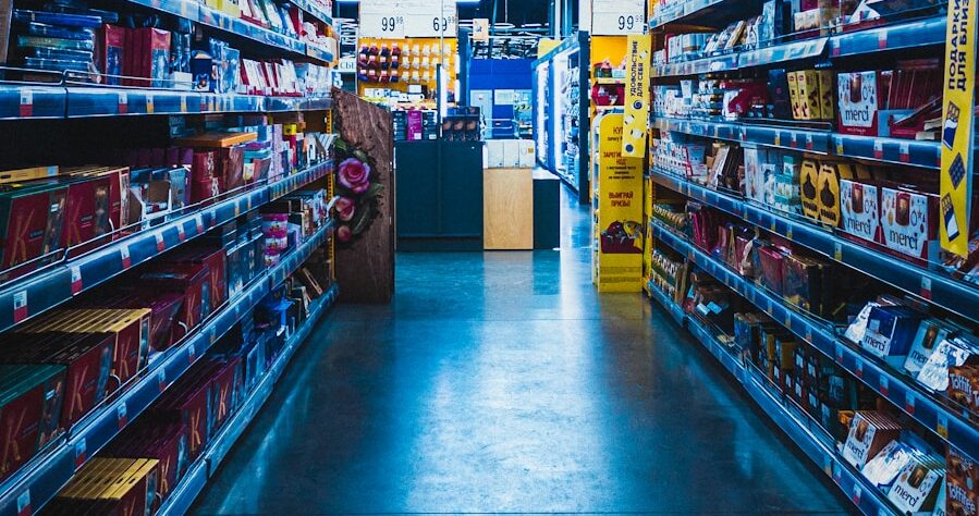 yellow and green labeled box on shelves
